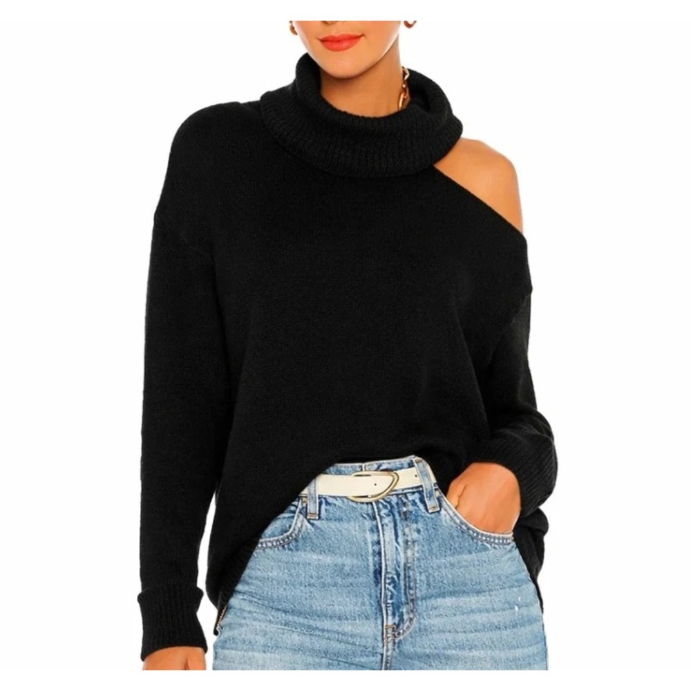 NWT 1.STATE Black Turtleneck Sweater ONE COLD SHOULDER CUT-OUT Super Soft SZ XS